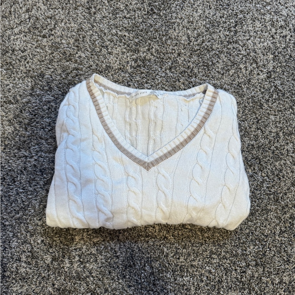 Altar'd State Cream Cable Knit V-Neck Sweater
